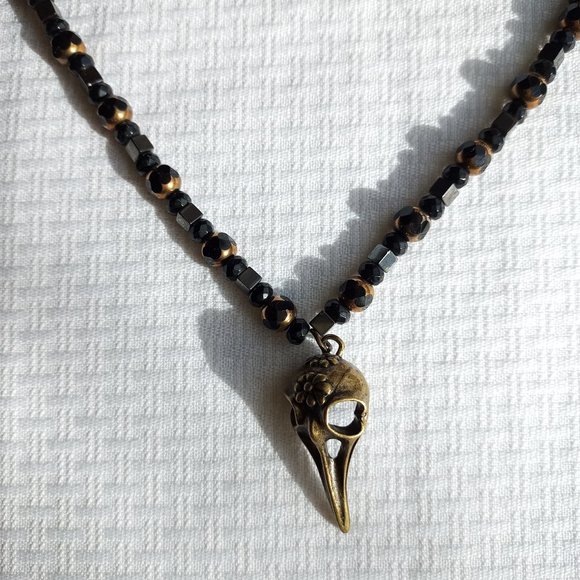 Hippie Bohemian Bird Skull glass Beaded Necklace - Picture 1 of 3